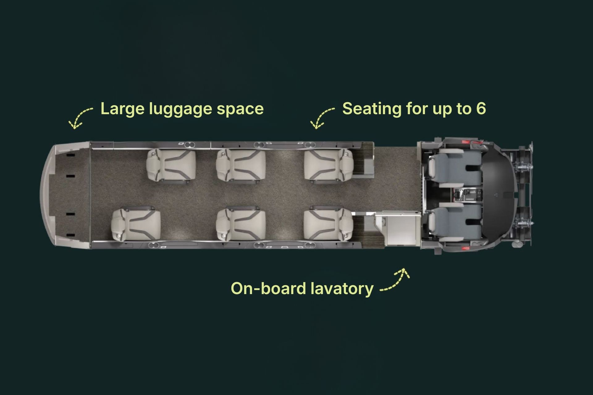 Pilatus PC‑12 floor plan: seating for up to 6, large luggage space, on‑board lavatory