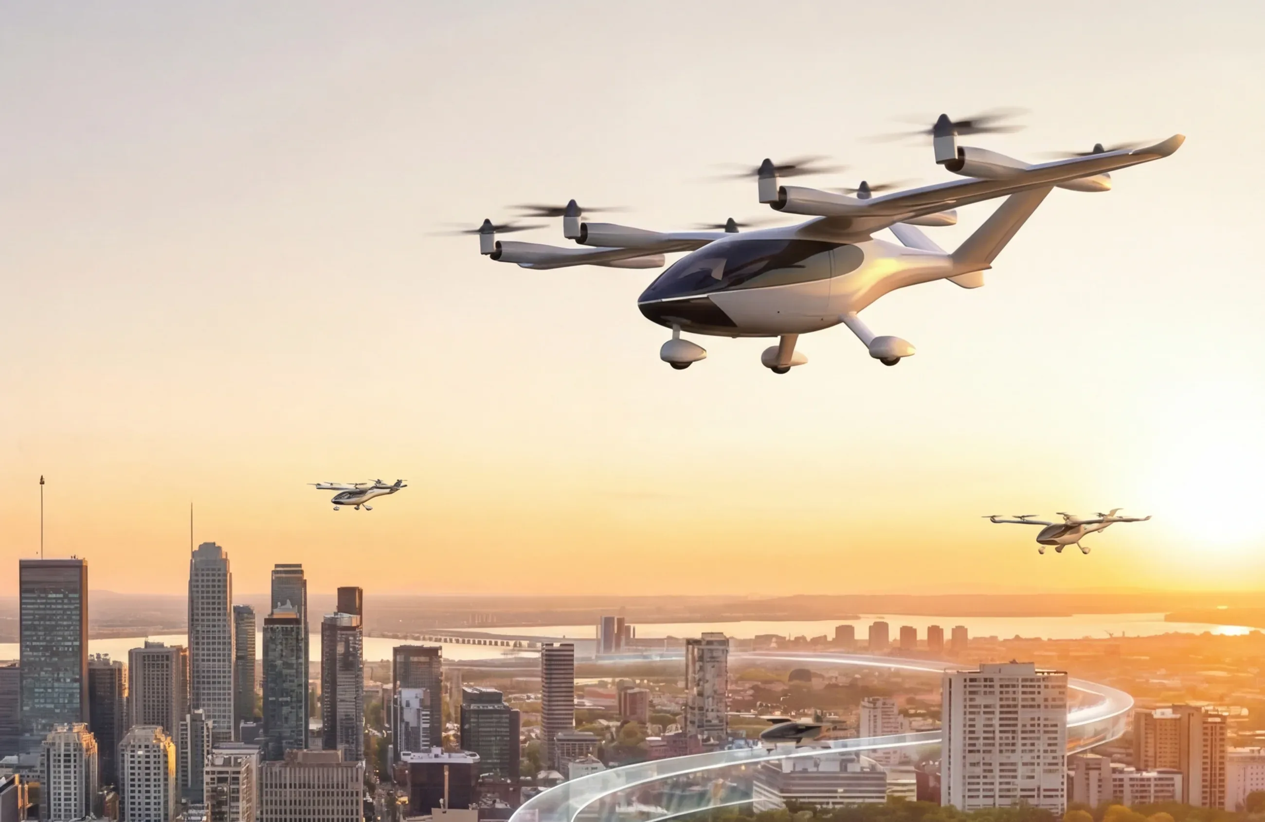 Concept render: electric aircraft flying over the Montréal skyline at sunset
