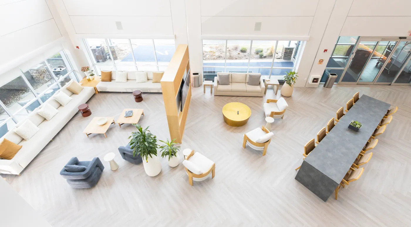 The bright passenger lounge at Jet Aviation Teterboro